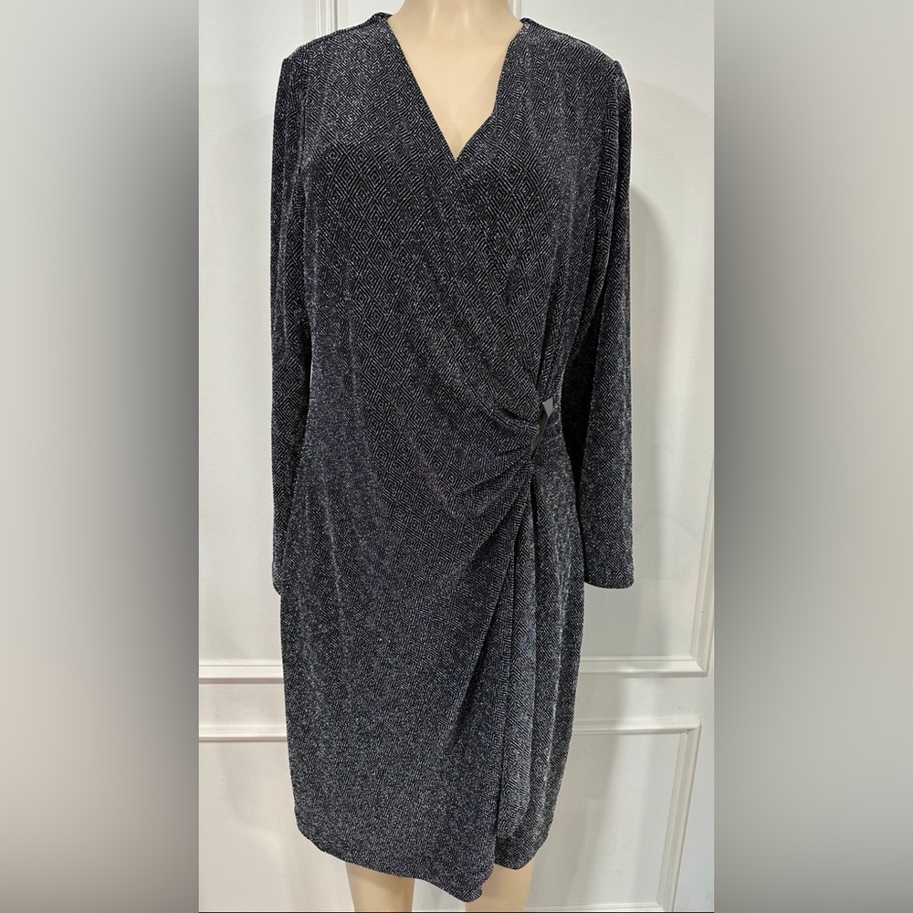 Calvin Klein Womens Black Sparkling Party/Cocktail Faux Wrap Dress Size 16W